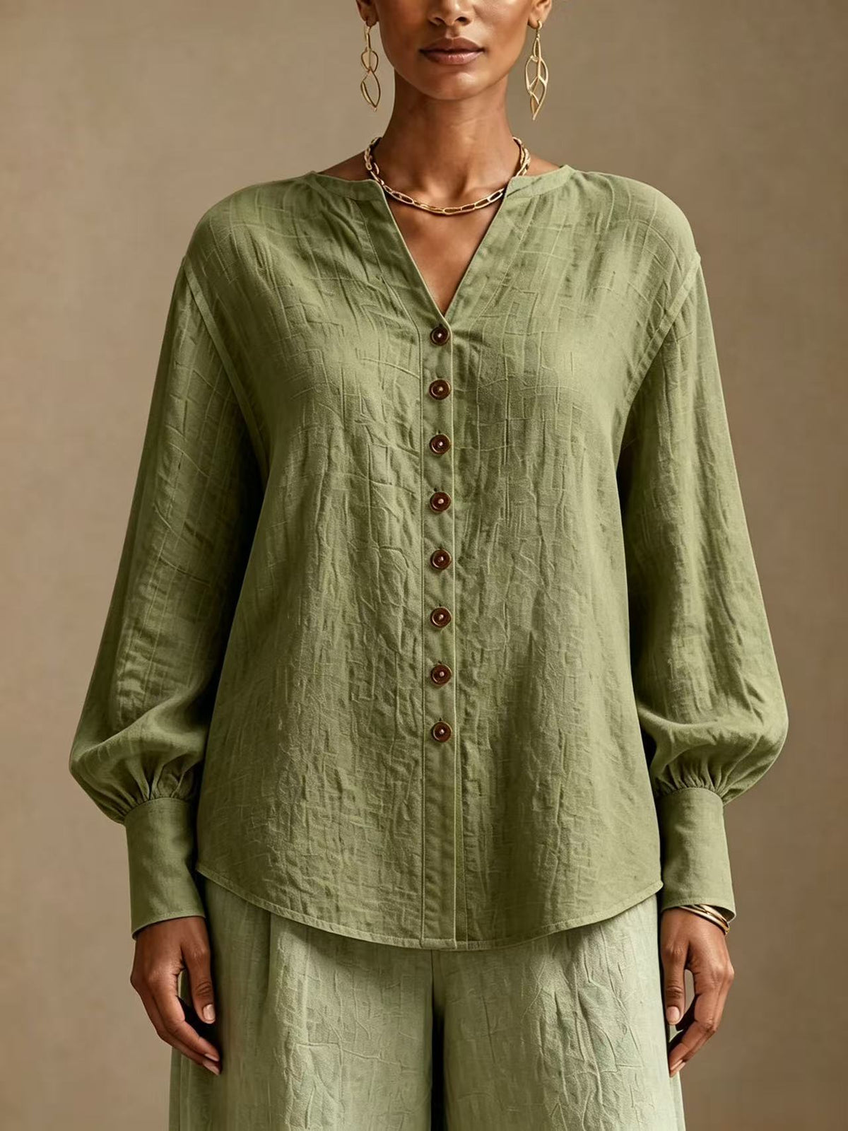V-Neck Lantern-Sleeve Blouse in green