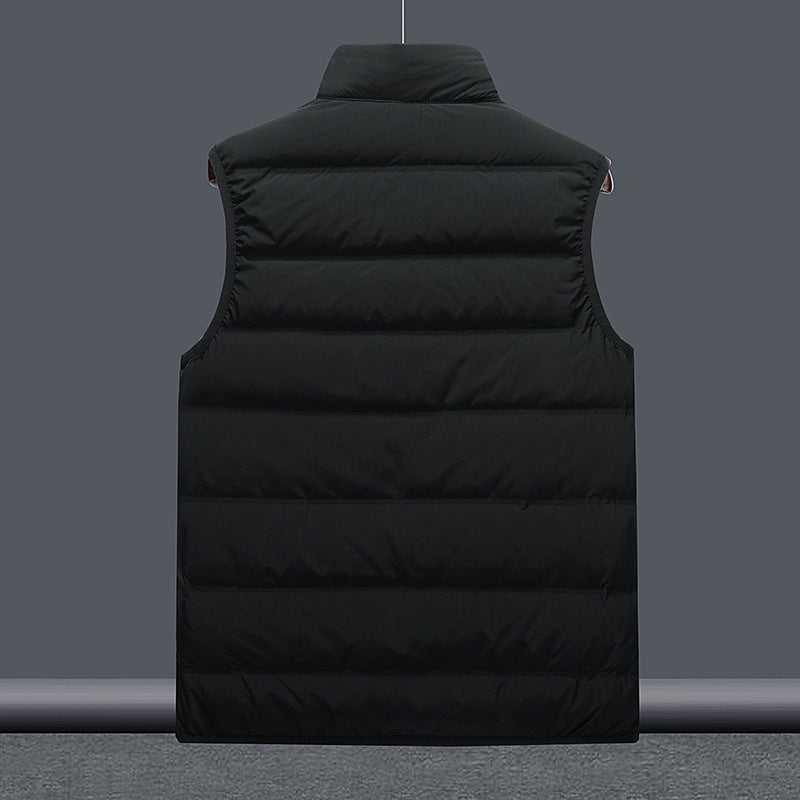 Black sleeveless puffer gilet back view, stand collar, horizontal stitching, no sleeves, on hanger against grey background