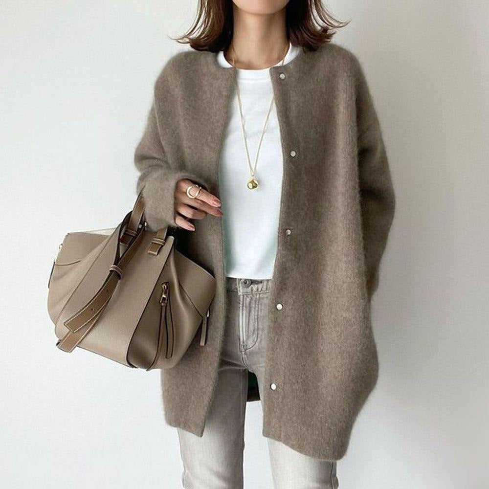 Loose knit cardigan coat in taupe, front view on model, round neck, button front, knee-length, relaxed fit
