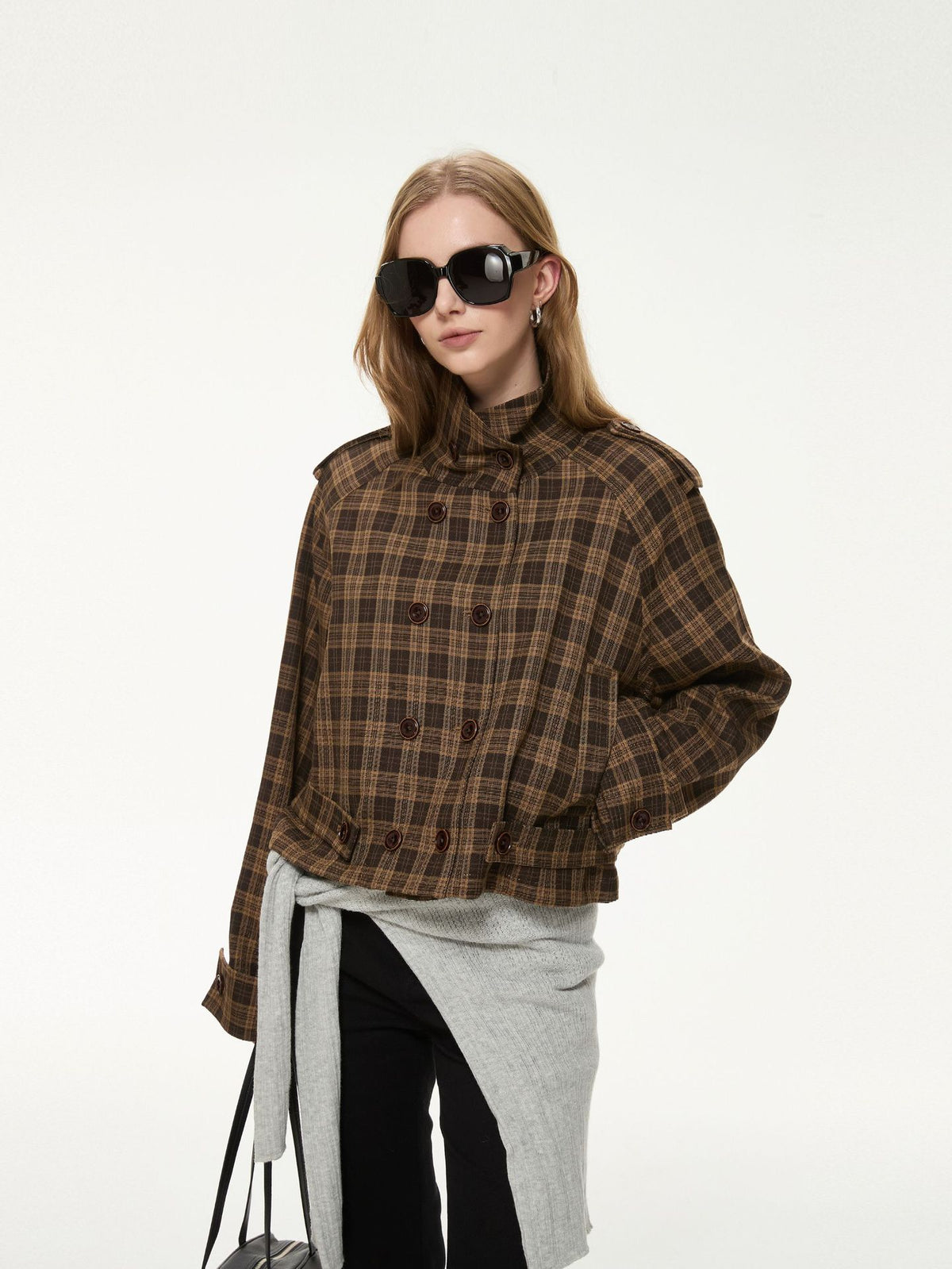 Cropped Check Jacket with Stand Collar and Double Buttons