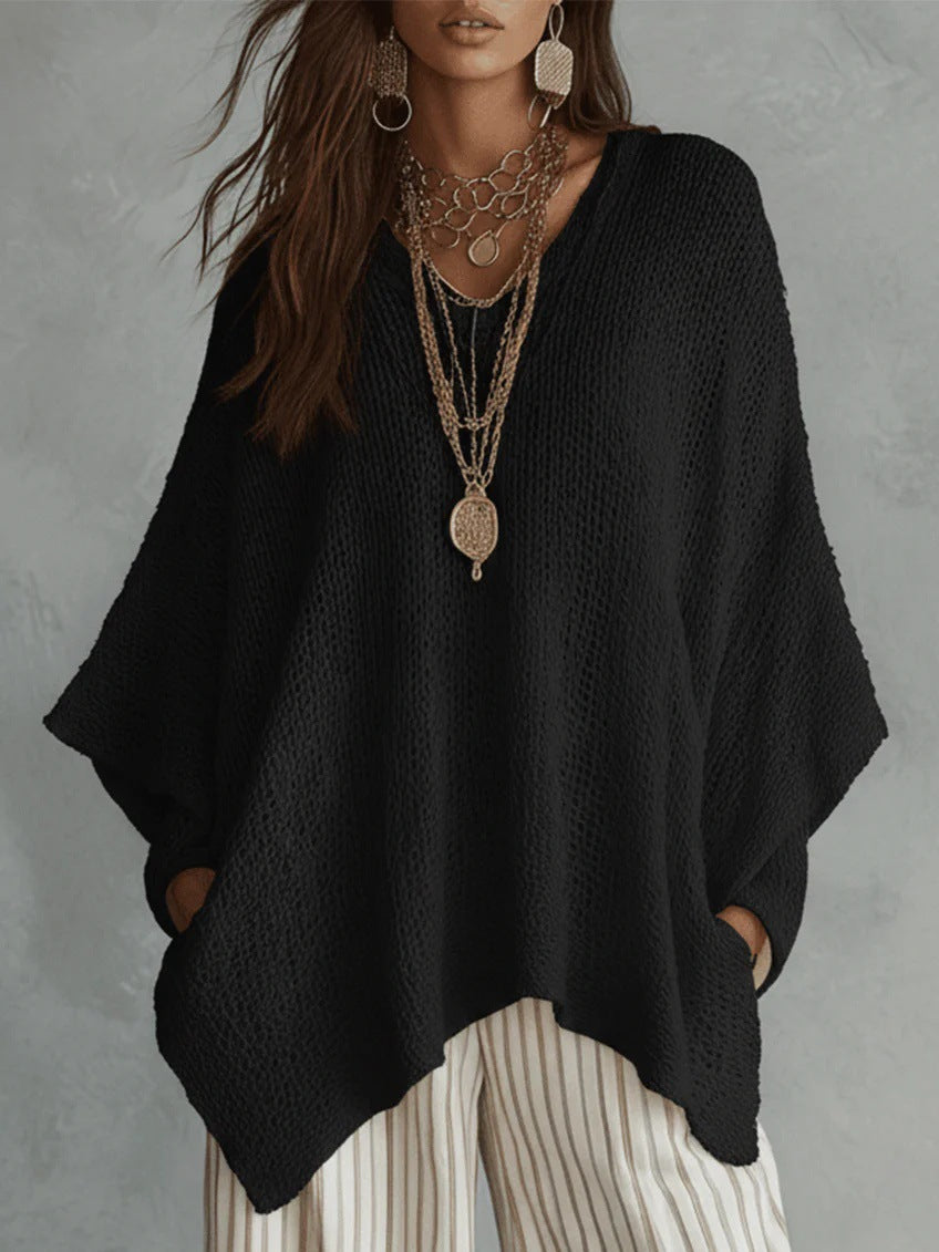 Oversized Open-Knit Top with Asymmetric Hem in black