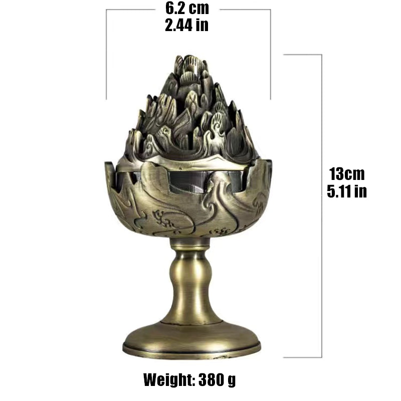 Size chart for mountain-shaped brass-look incense burner, antique bronze-tone, dimensions and weight shown