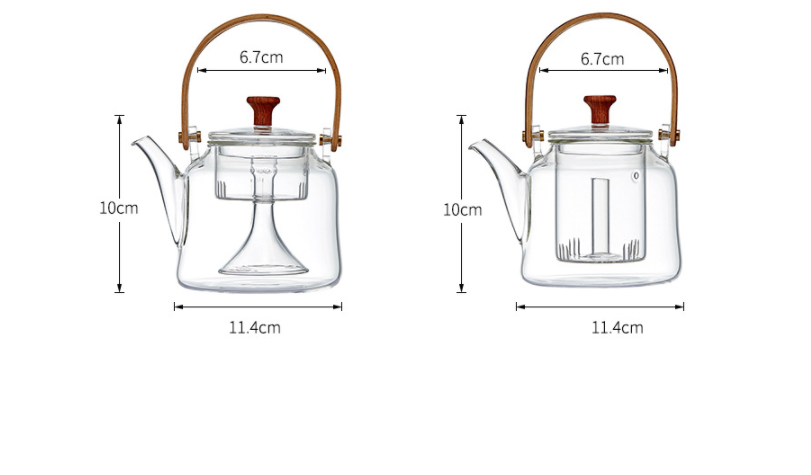 Size chart for glass teapot showing dimensions: 10 cm high, 11.4 cm wide, 6.7 cm handle opening, two views