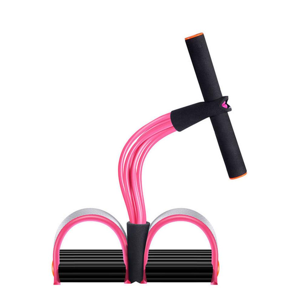 Pink foot pedal resistance tube with black handle, front view