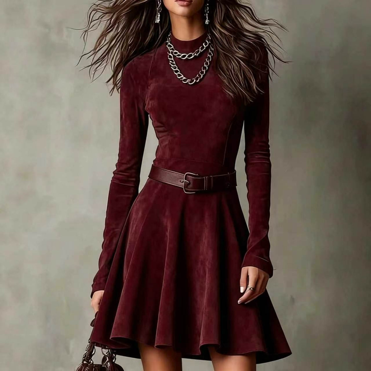 Wine red mini dress with long sleeves and a flared skirt, front view
