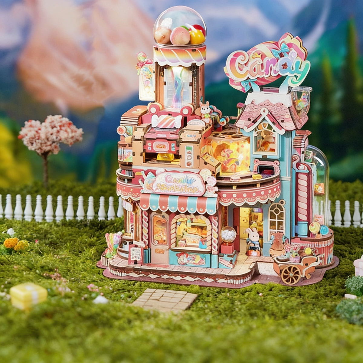 Finished wooden candy workshop model on mossy ground with a white picket fence and blossom tree in the background