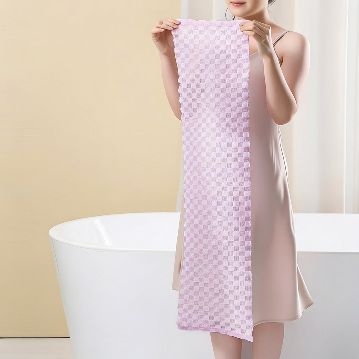 Person holding a long lilac nylon bath towel at both ends, showing its full length next to a bathtub