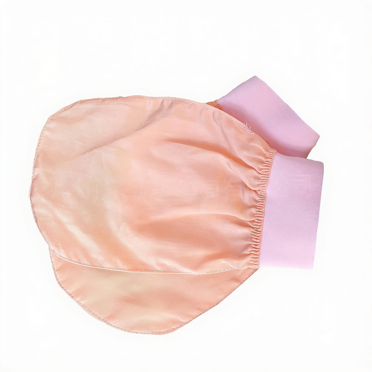 Two light peach viscose face and body gloves with pink cuffs, shown from the side at an angle