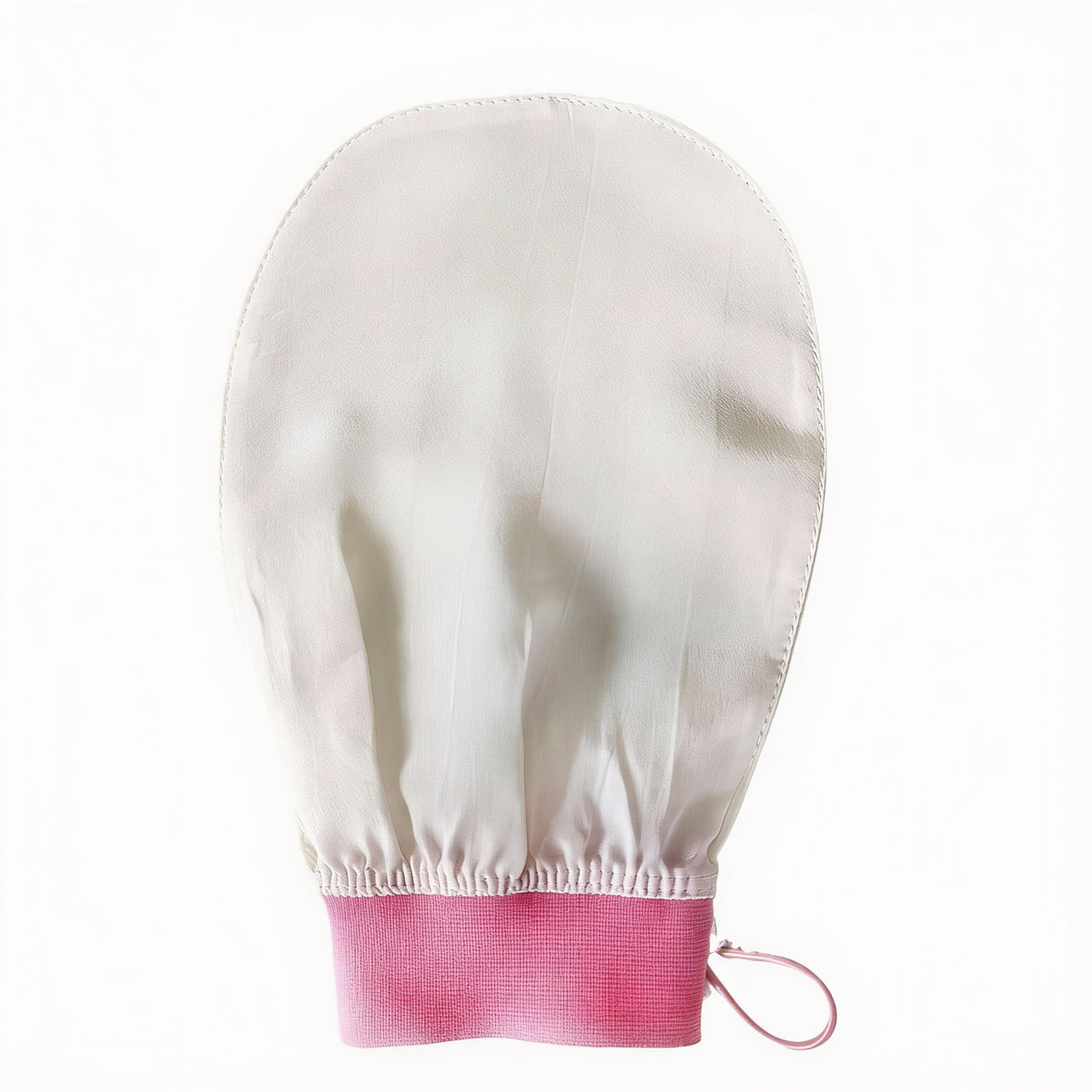 Gebroken witte viscose washandschoen met felroze elastische boord en klein ophanglusje, plat neergelegd
