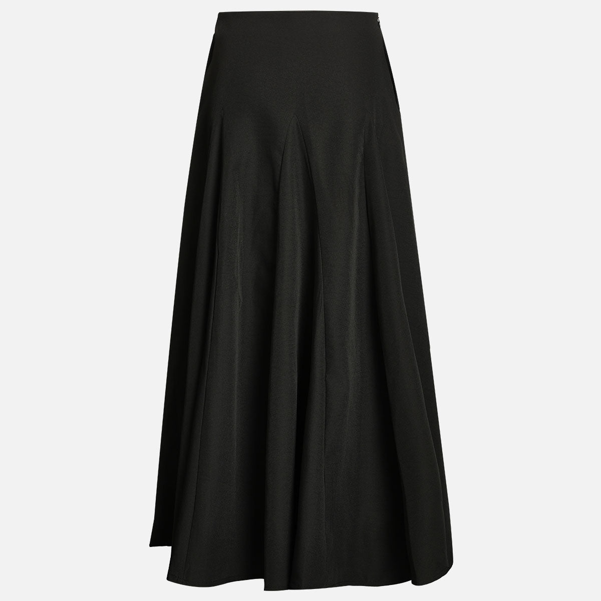 Black flared maxi skirt on a mannequin, front view, showing the high waist and full silhouette