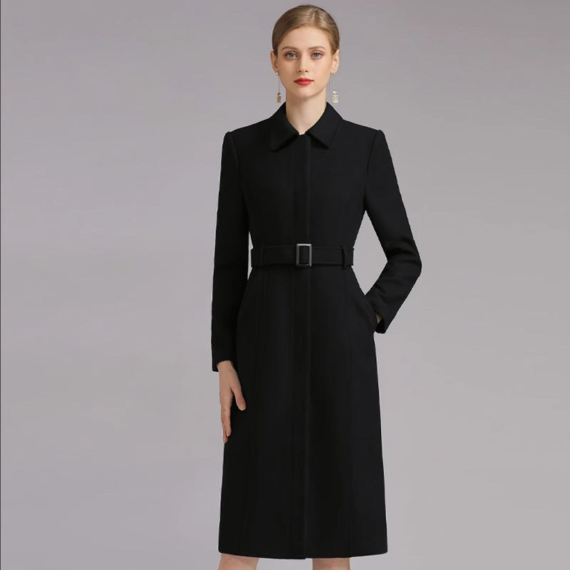 Belted collared midi coat, black, front view on model, knee length, with buckle belt and side pockets