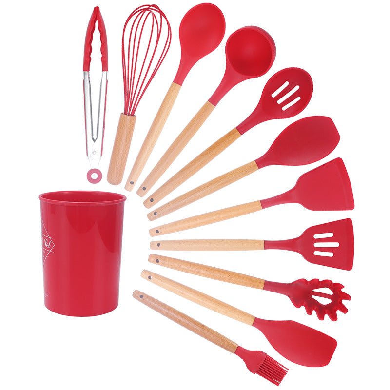 11-Piece Silicone Kitchenware Set with Wooden Handles - WowStore.live
