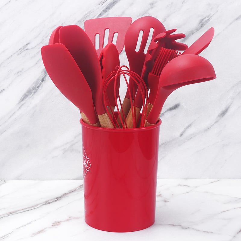 11-Piece Silicone Kitchenware Set with Wooden Handles - WowStore.live