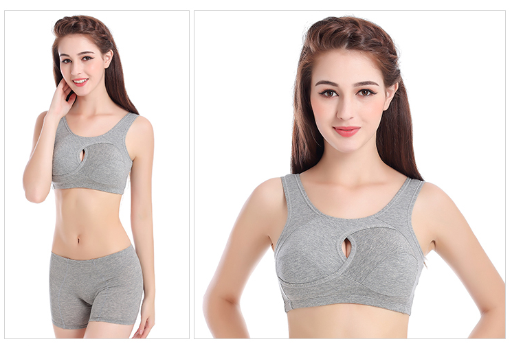 Grey wire-free keyhole bra, two views on model wearing matching grey shorts