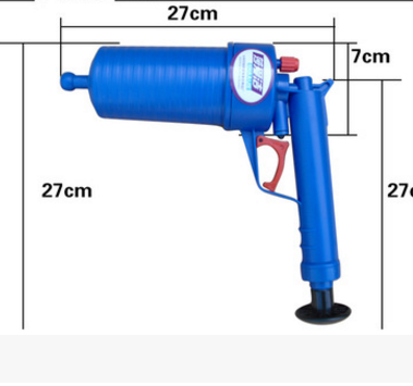 Size chart for blue pump-action drain tool showing dimensions