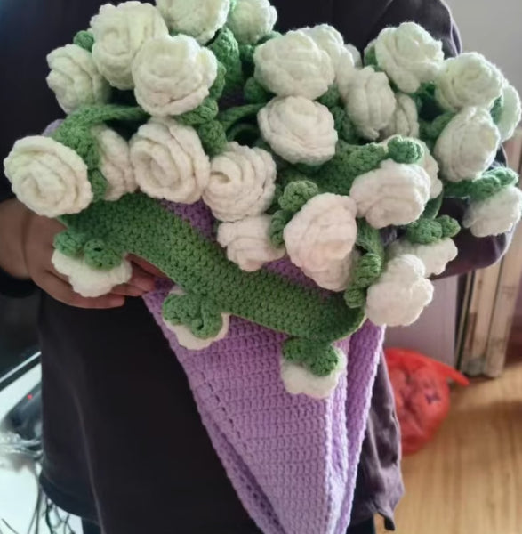 Crochet Flower Bouquet Blanket in white roses, lilac