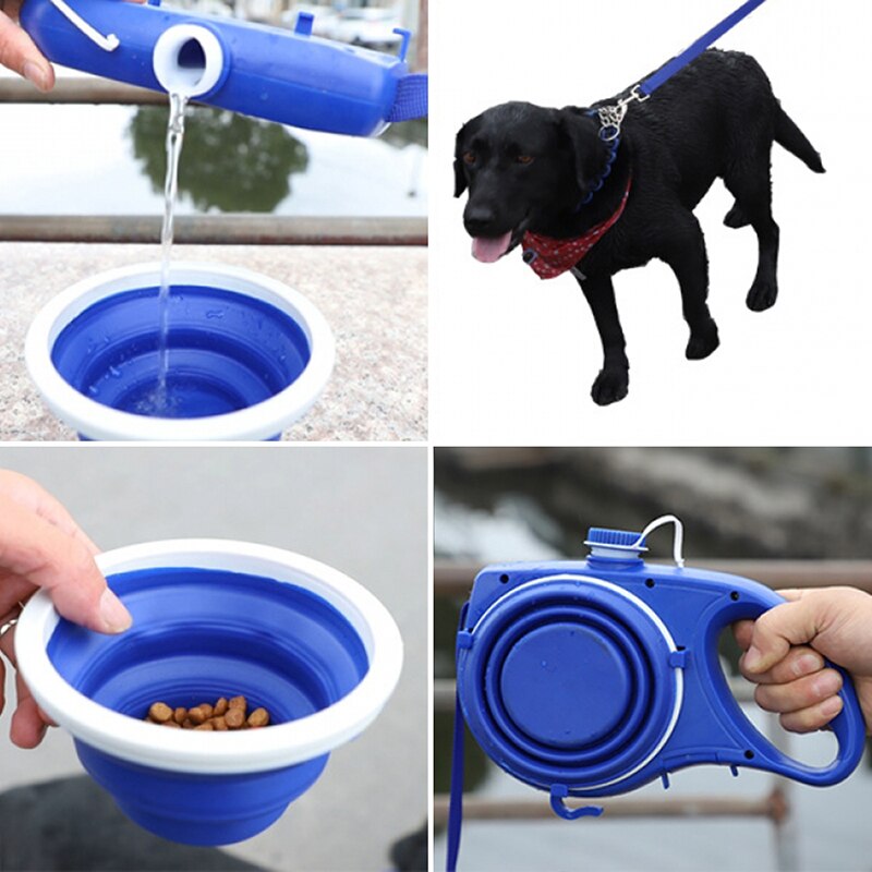Dog lead with built-in water bottle and fold-out bowl, blue, shown in use with water pouring into bowl and dog on leash