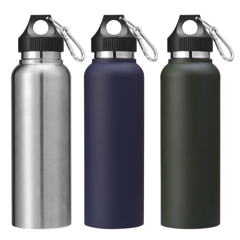 Stainless steel vacuum bottle with carabiner lid in silver, navy blue, and olive green, front view, standing upright on