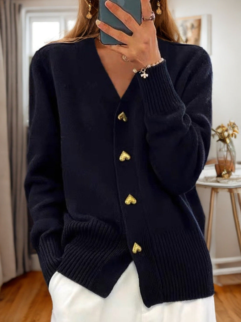 V-Neck Knit Cardigan with Heart Buttons