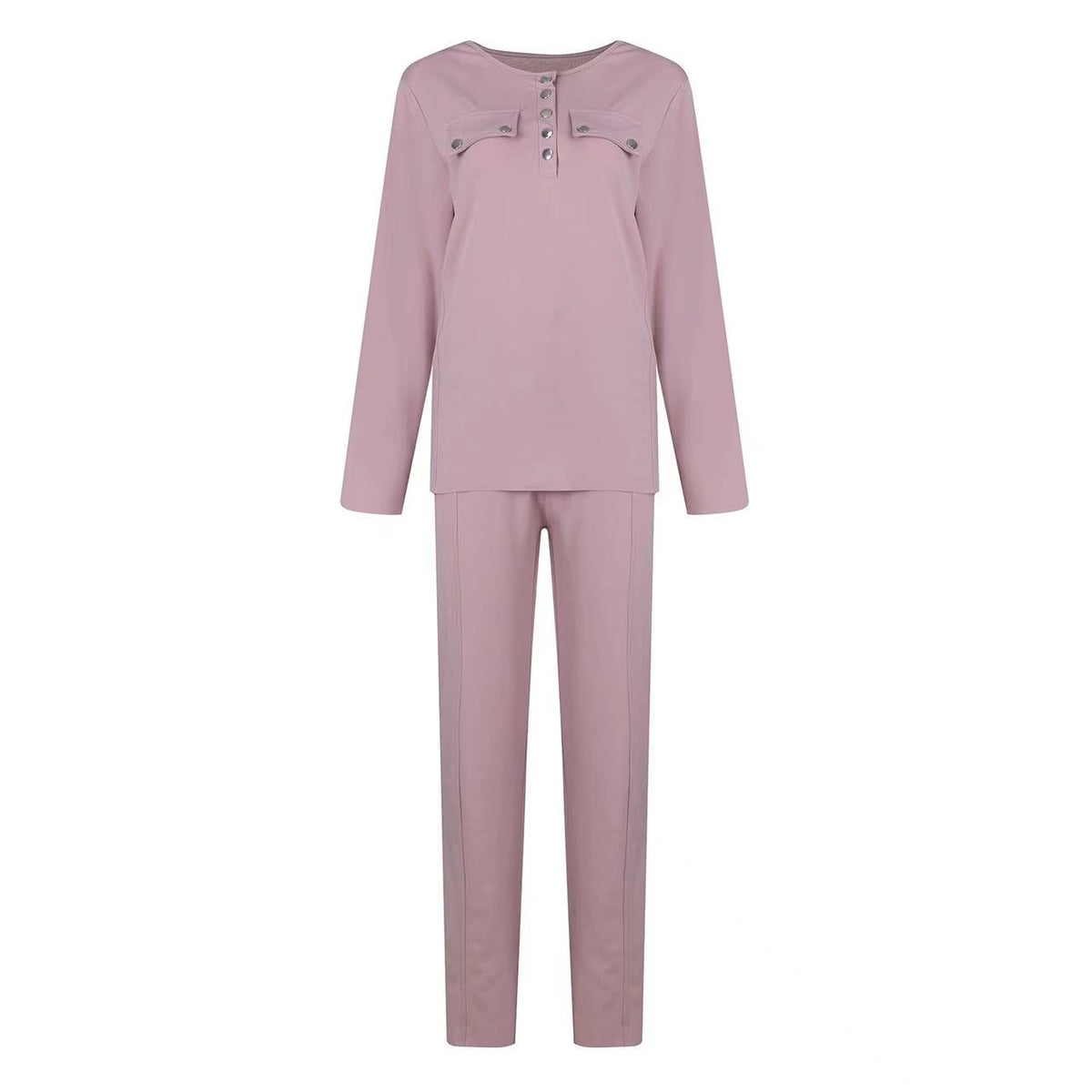 Button-placket sweatshirt and drawstring trouser set in dusty pink, front view