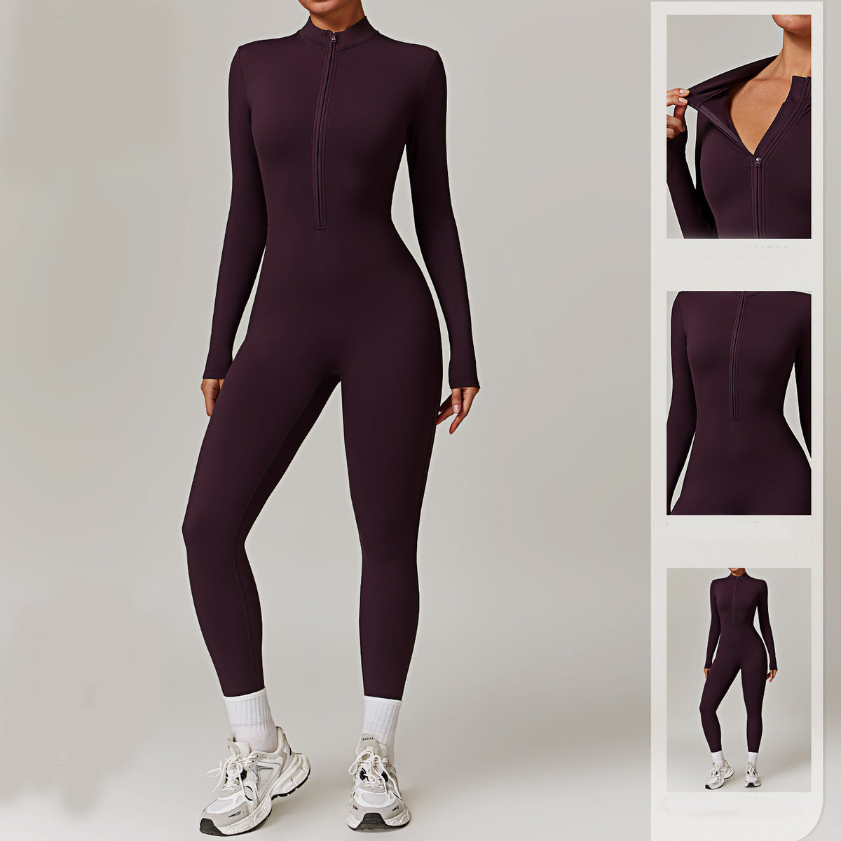 Long-sleeve zip-front brushed jumpsuit in grape purple, full-body front view on model with inset details