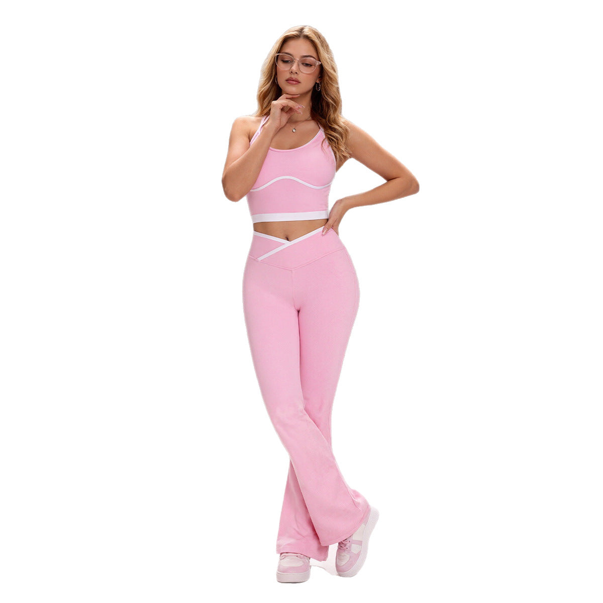 Pink Crop Top and Flared Leggings Set with Crossover Waist