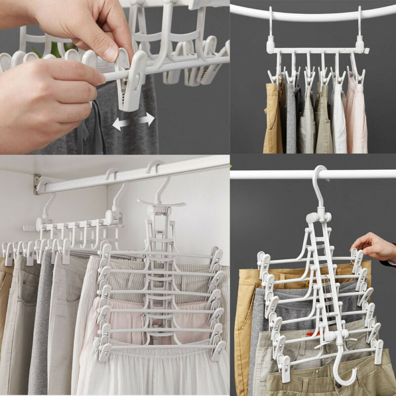 White foldable 5-tier hanger with clips, shown folded and unfolded, in use with pants, multiple views