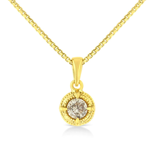 14K Yellow Gold Plated .925 Sterling Silver Brilliant Round Cut Diamond Solitaire Milgrain 18" Pendant Necklace - Wow Store