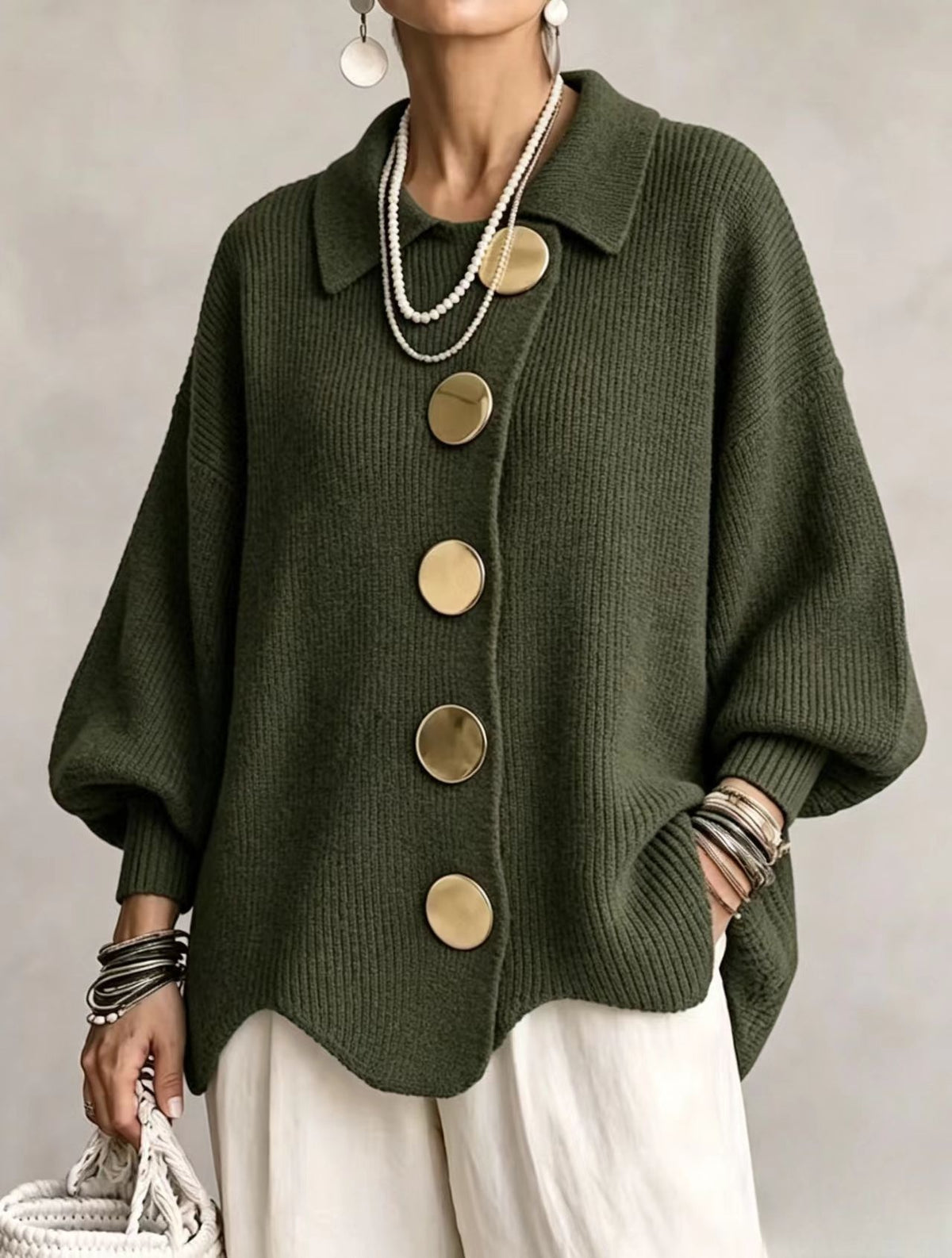 Collared Knit Cardigan with Oversized Buttons