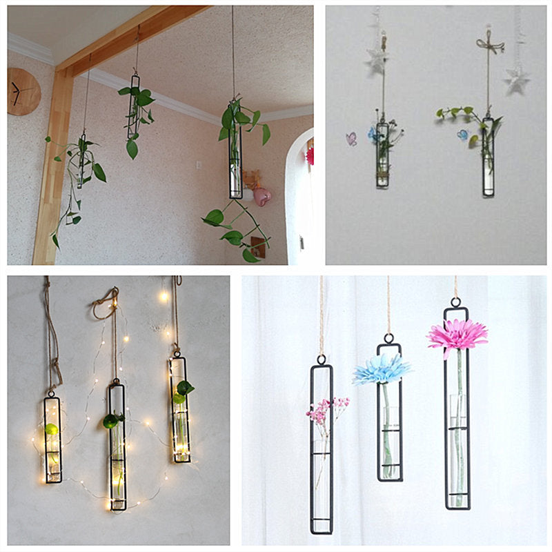 Hanging Glass Test-Tube Vase with Metal Frame