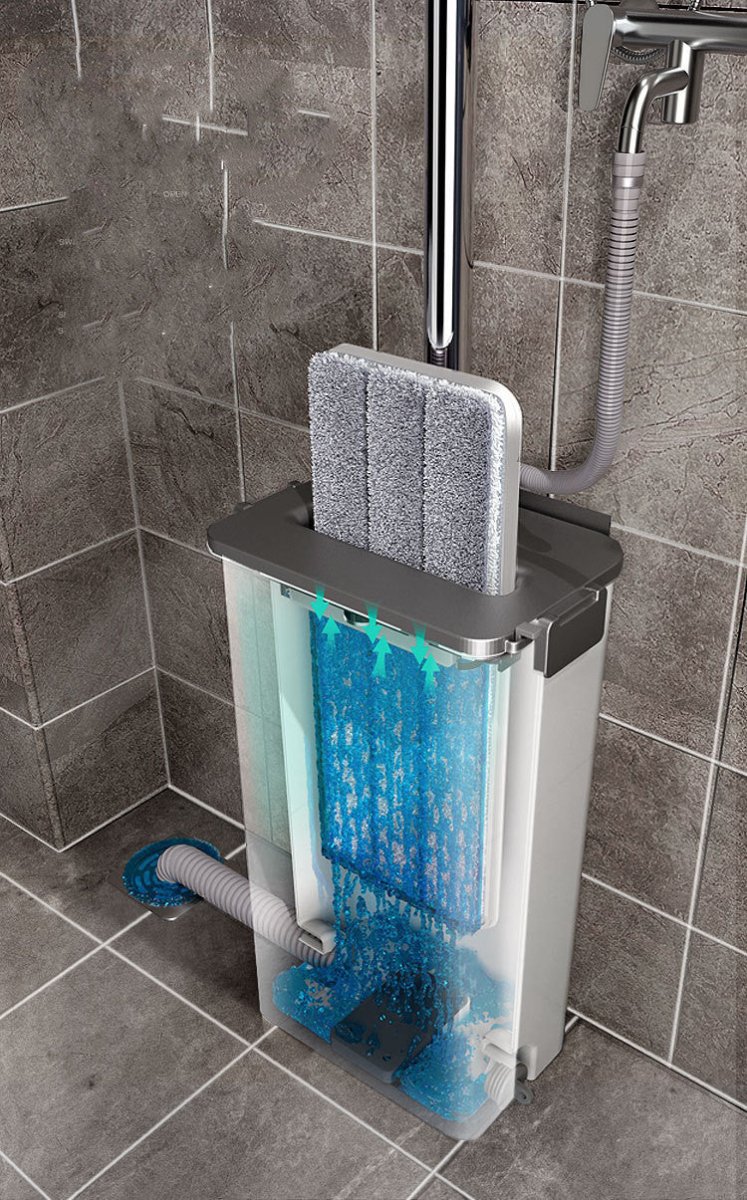 Transparent cutaway of the bucket with blue water and flow arrows, mop pad being rinsed in the top slot