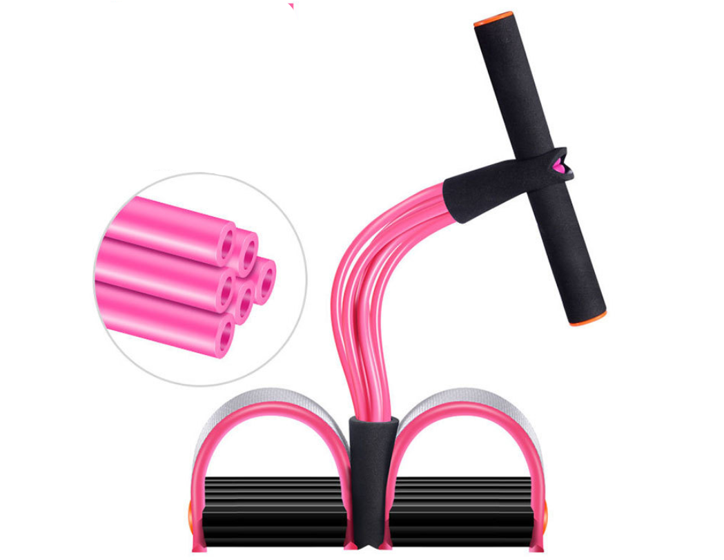 Pink foot pedal resistance tube with black handle, front view with inset showing multiple tubes