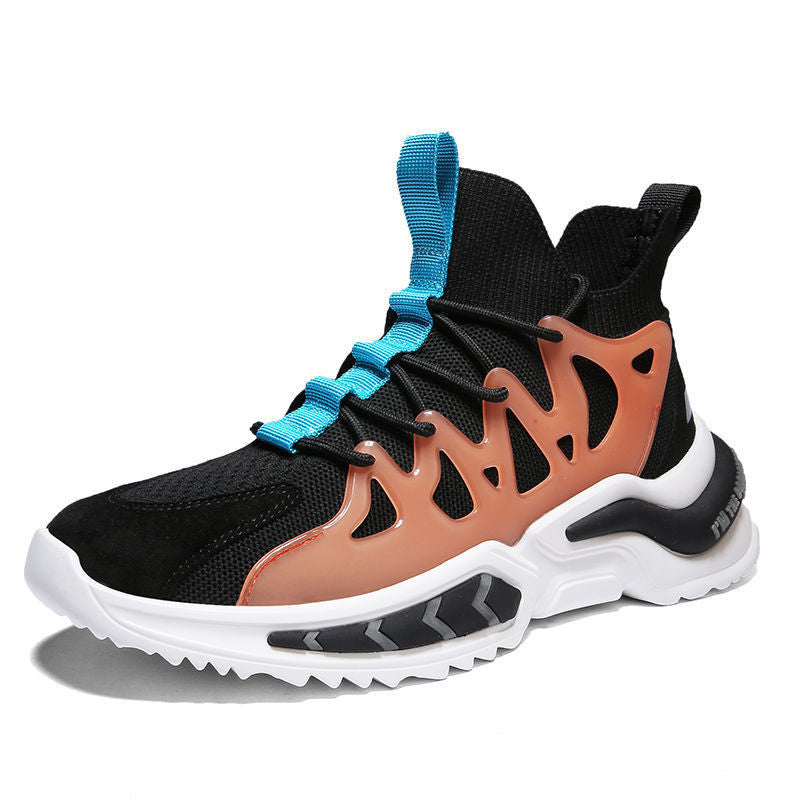 Men's knit sock-fit sneakers in black and orange with blue laces, front view on white background