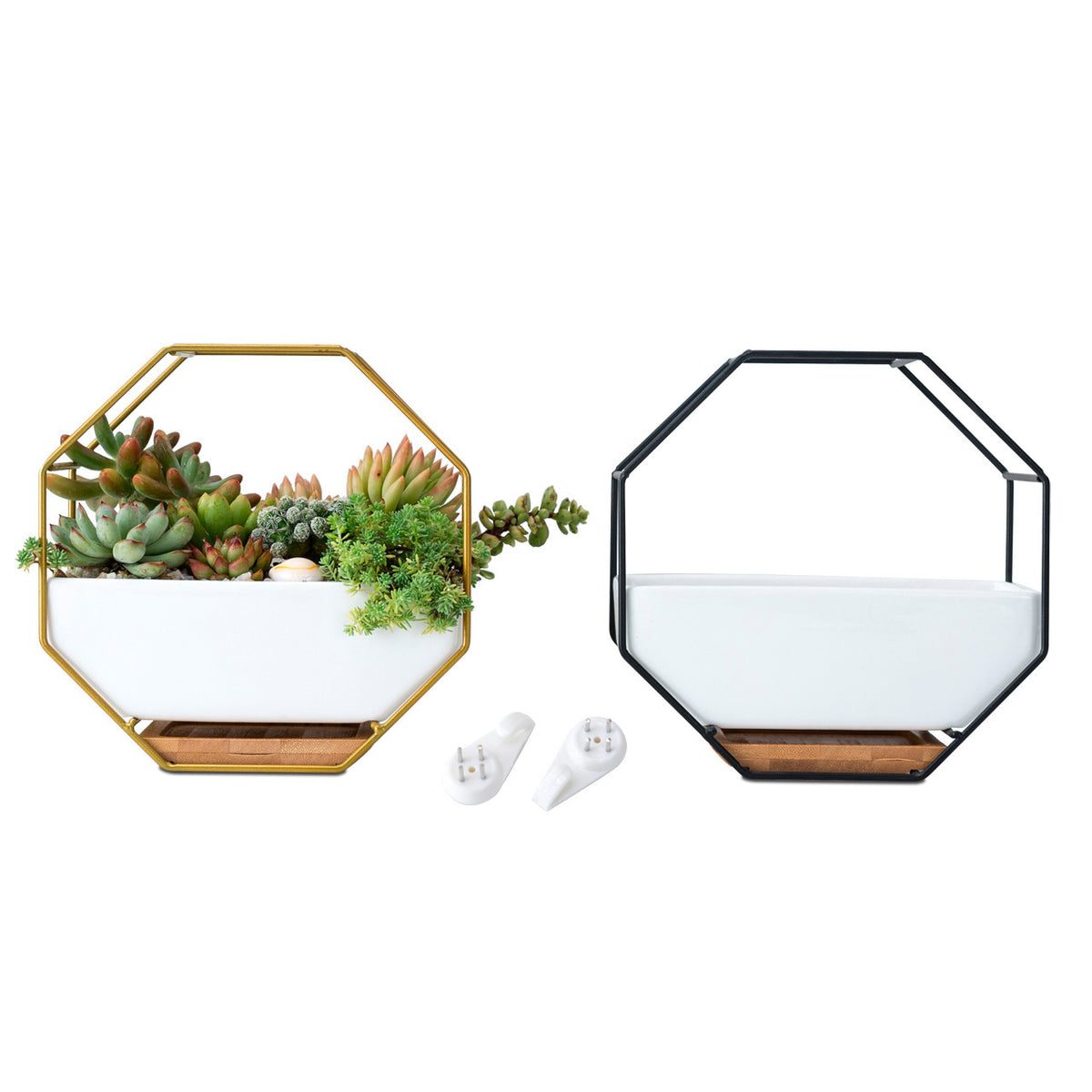 Octagonal metal-frame wall planter with white ceramic pot, gold and black frames, wood-look base tray, two white wall hooks