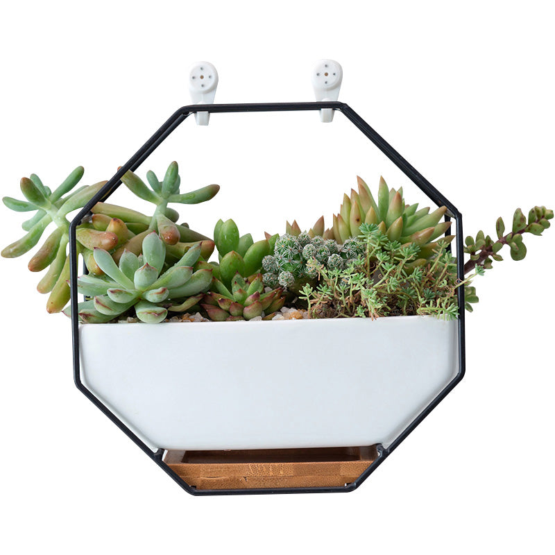 Octagonal metal-frame wall planter with white ceramic pot, black frame, wood-look base tray, mounted with two white hooks