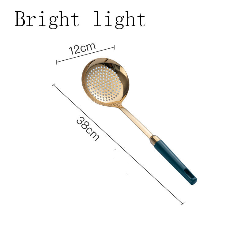 Gold-tone skimmer with teal handle, bright light finish, size chart showing 38cm length and 12cm head width