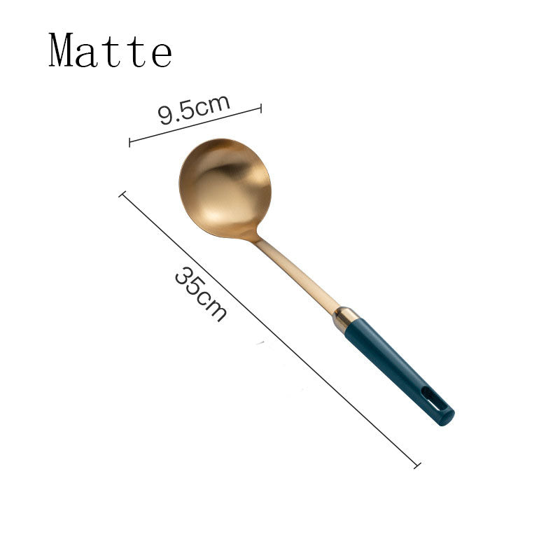 Gold-tone ladle with teal handle, matte finish, size chart showing 35cm length and 9.5cm head width