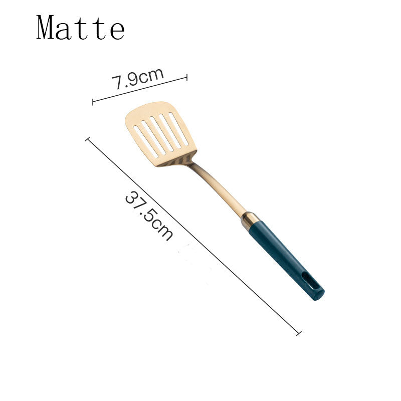 Gold-Tone Stainless Steel Kitchen Utensil with Teal Handle — view 4