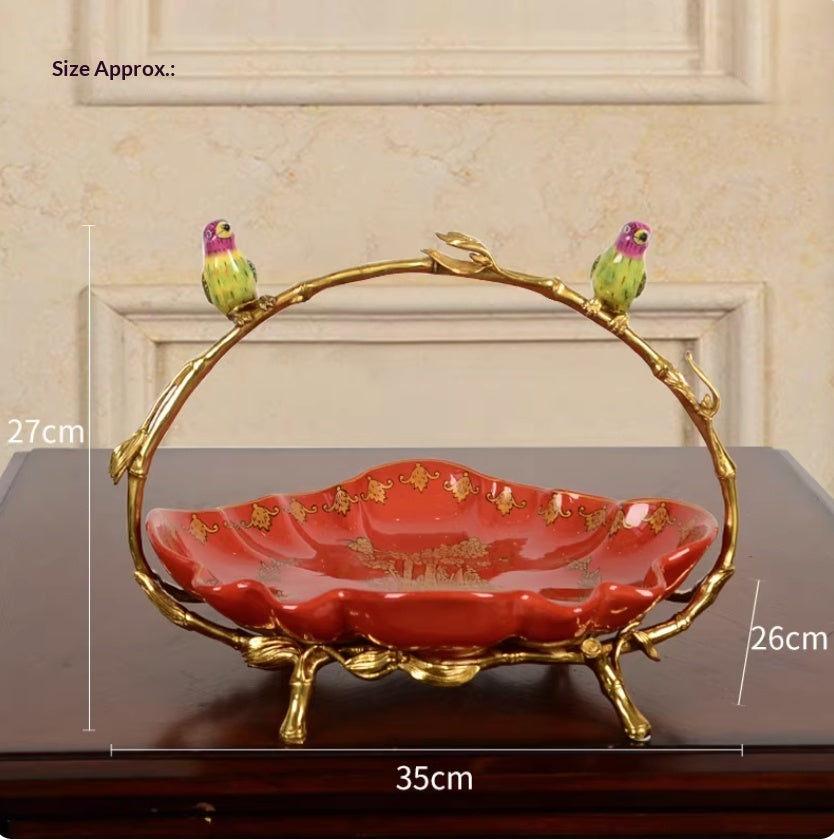 Red ceramic fruit bowl with gold pattern, gilt branch handle and birds, size chart showing dimensions