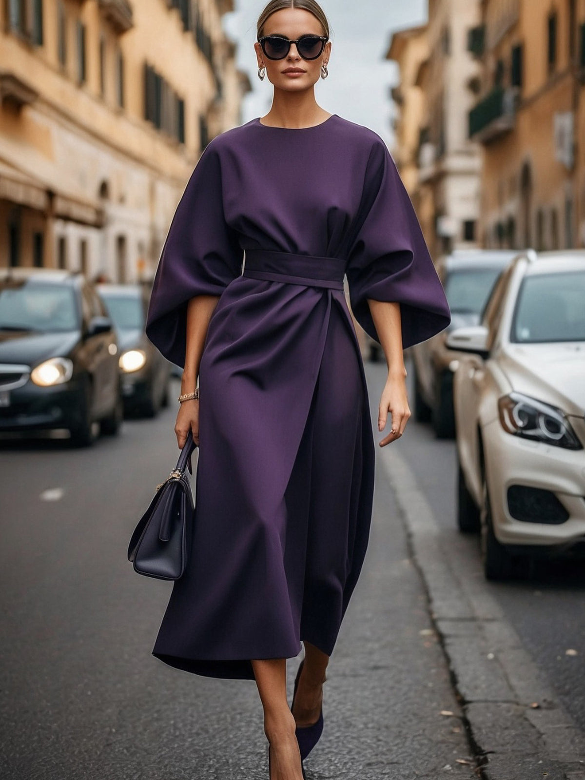 Round-neck wrap-style midi dress in purple, worn by a model on a city street, front view, elbow-length sleeves, tied waist