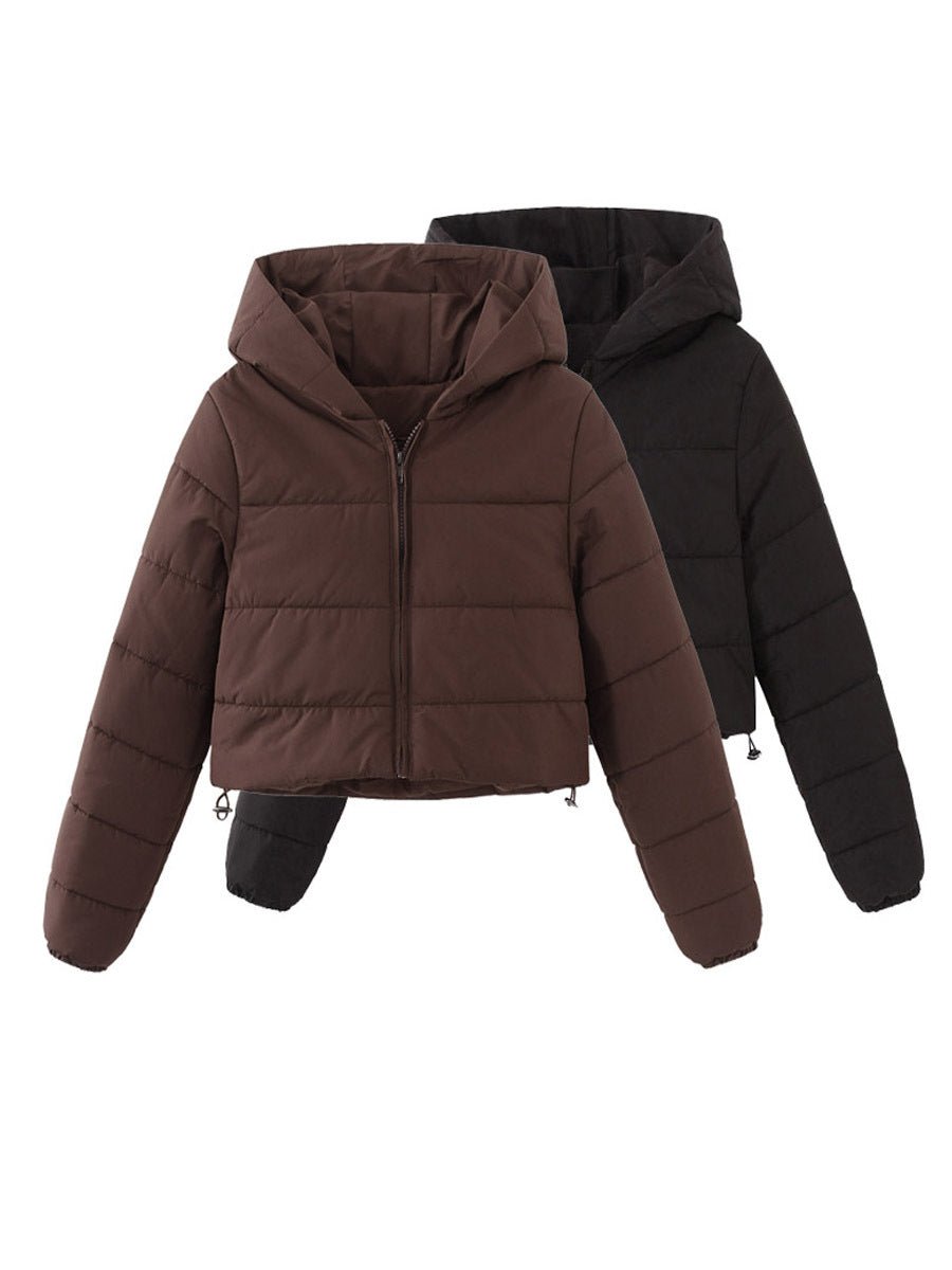 Two cropped hooded puffer jackets, coffee brown in front and black behind, flat lay front view