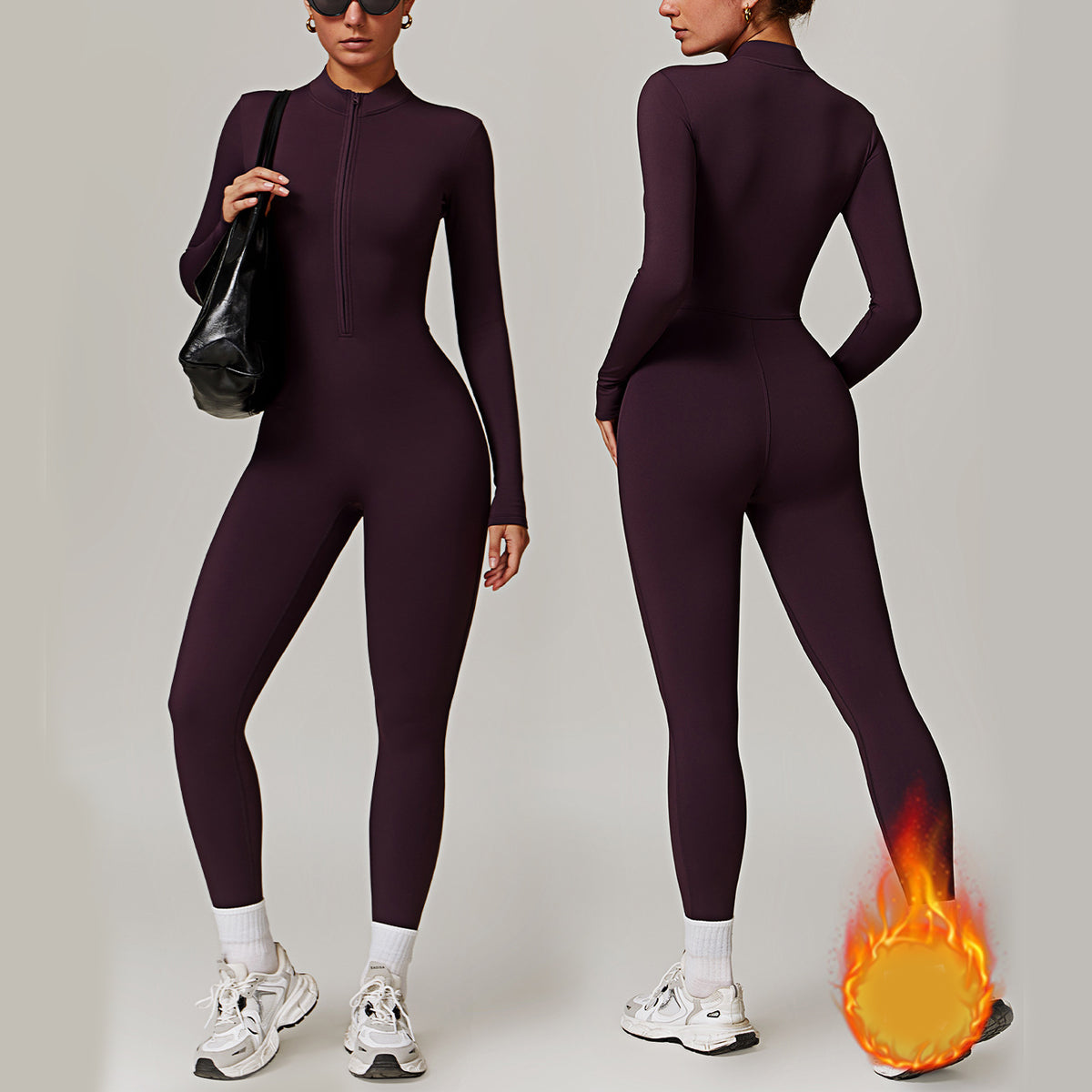 Long-sleeve zip-front brushed jumpsuit in grape purple, front and back view on model, with white sneakers and bag