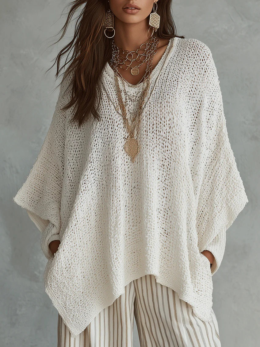 Oversized Open-Knit Top with Asymmetric Hem in white