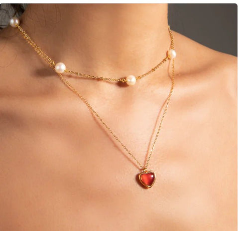 18K Gold Stainless Steel Inlaid Red Agate Love Pendant Necklace - Wow Store