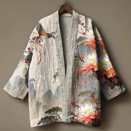 Open-front kimono jacket with wide sleeves, light grey with floral and bird print, front view on hanger