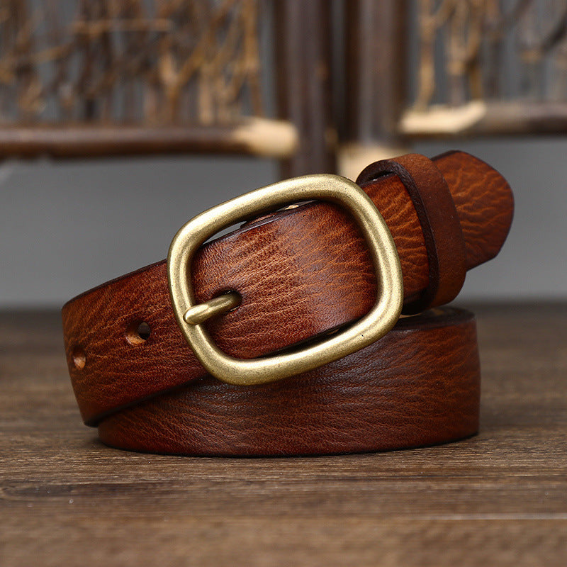 Vintage Leather Belt with Brass-Tone Buckle, 2.8 cm