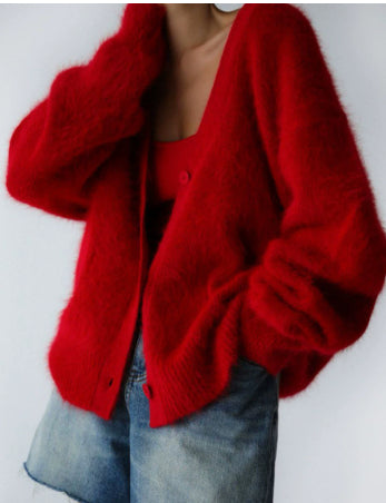 Fluffy Oversized V-Neck Cardigan