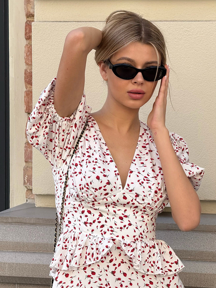 Floral Puff-Sleeve Wrap Dress with Ruffle Waist