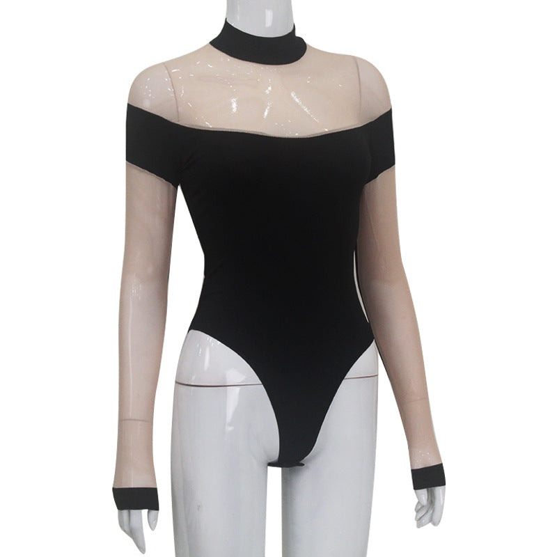 Nude-tone mesh bodysuit on mannequin, slightly angled front view showing sheer sleeves and high-cut leg