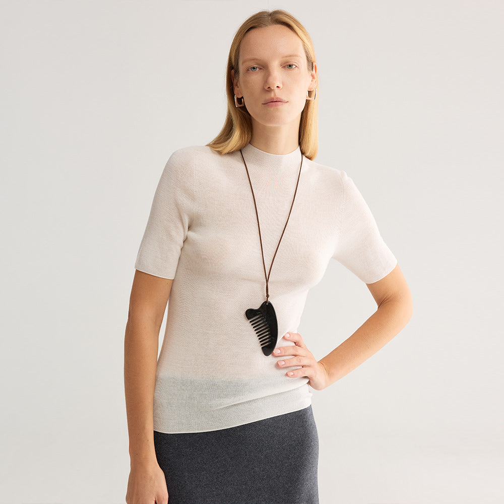 Seamless Half-Turtleneck Knit Top, Short Sleeve in white